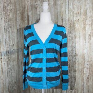 Women's Lilu Long Sleeve Cardigan | Blue & Gray | Button Up | V-Neck | Small